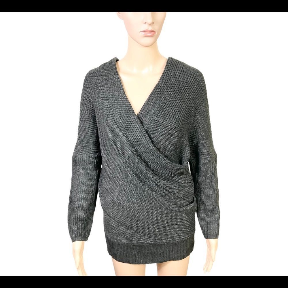 Miracle gray V neck crisscross front long sleeves pullover knit sweater M/L